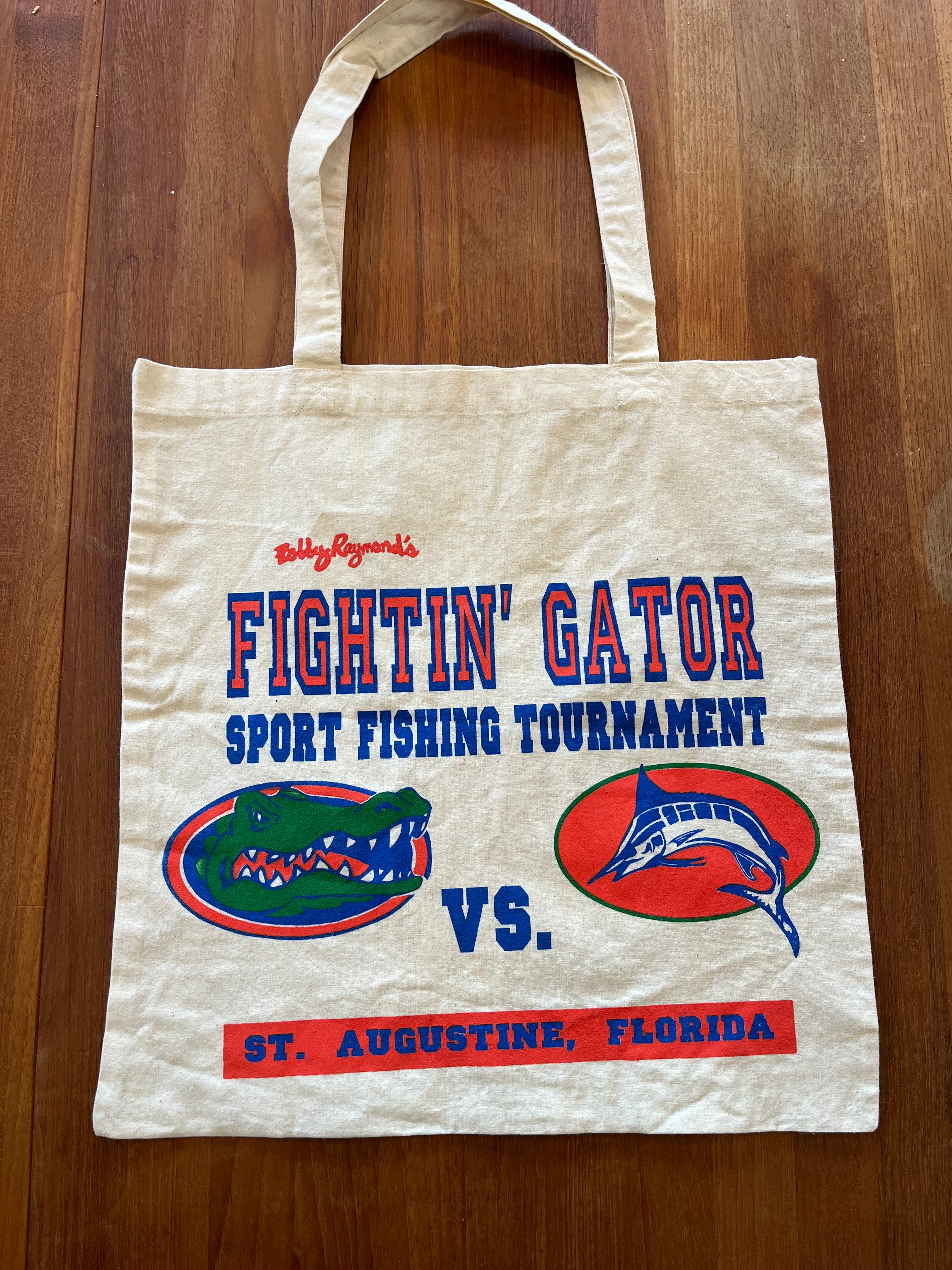 Natural canvas tote printed Fightin' Gator Sport Fishing Tournament, gator vs sailfish, St. Augustine Florida