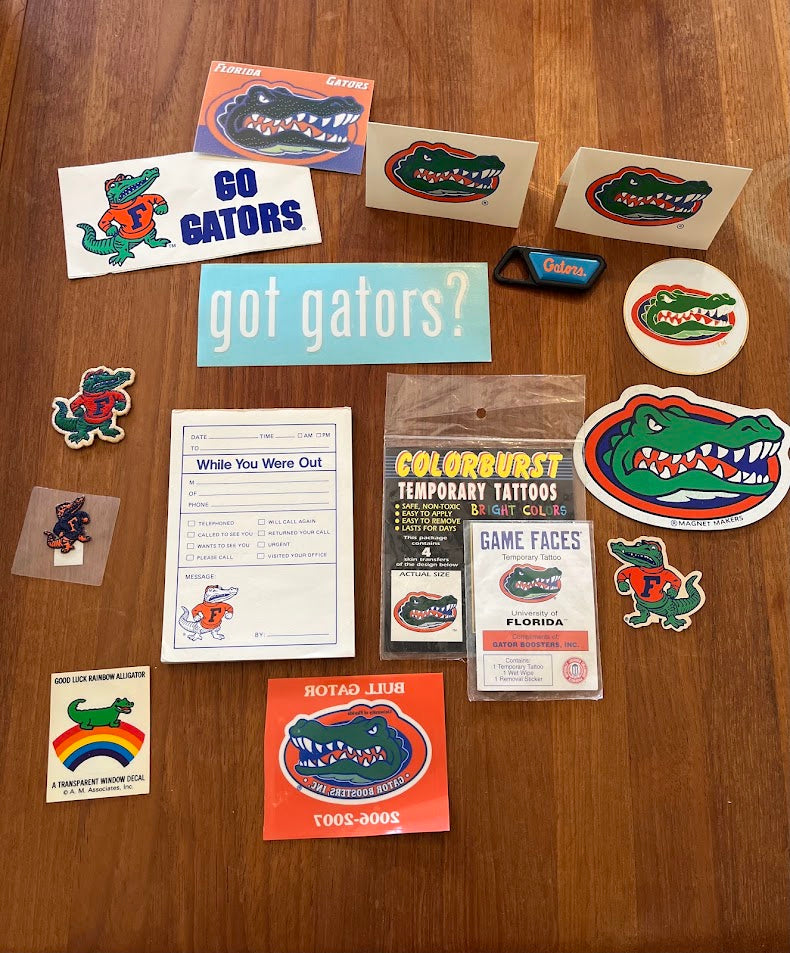 Lot of Florida Gators stickers, decals, magnets, temporary tattoos, booster card and phone-message pad