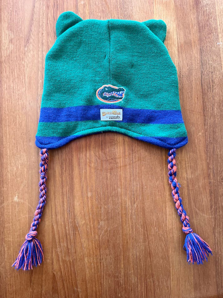 Gators mascot knit hat, back showing gator-head patch and MascotWear tag