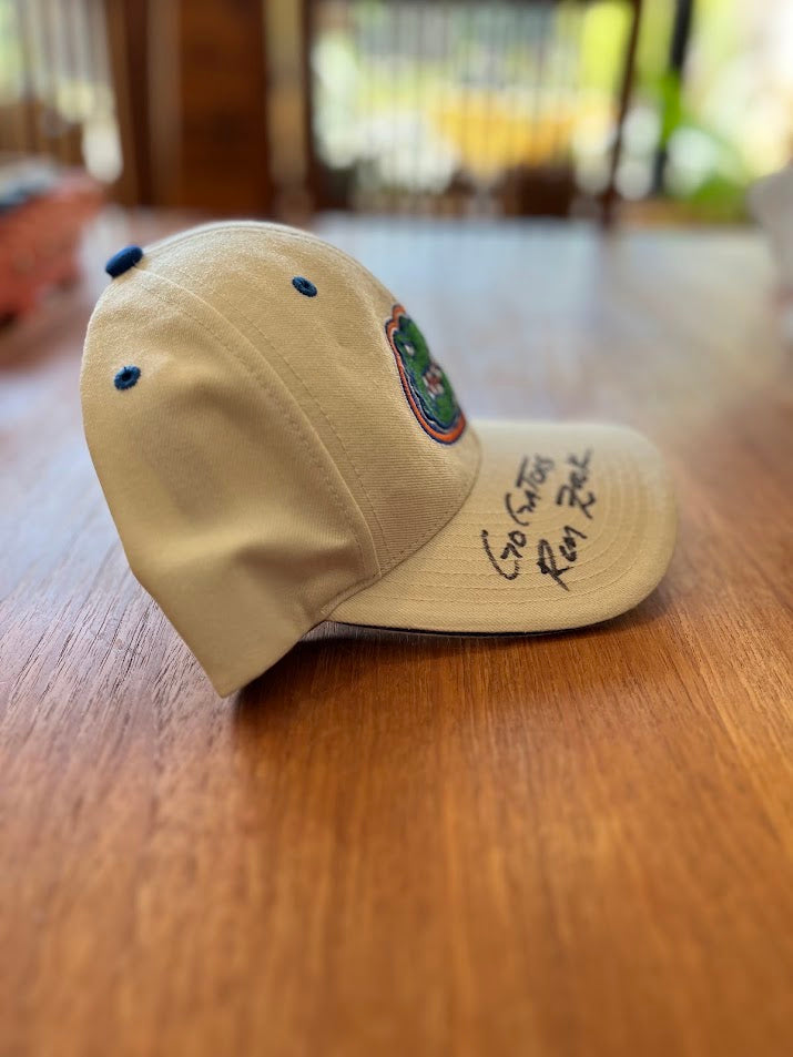 Ron Zook inscribed Gators cap, angled view of inscription