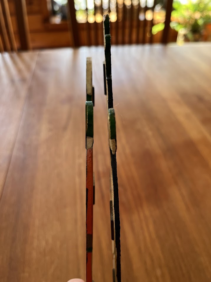 Edge view of the two wood Albert magnets showing plywood thickness