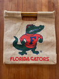 Burlap Florida Gators tote with wood dowel handles and Albert print, front