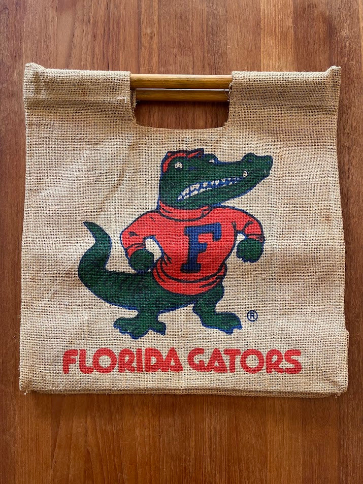 Burlap Florida Gators tote with wood dowel handles and Albert print, front