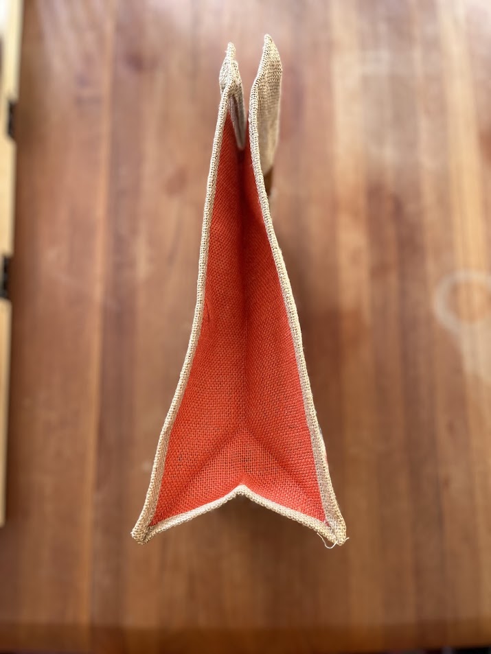 Burlap Gators tote, side showing orange gusset