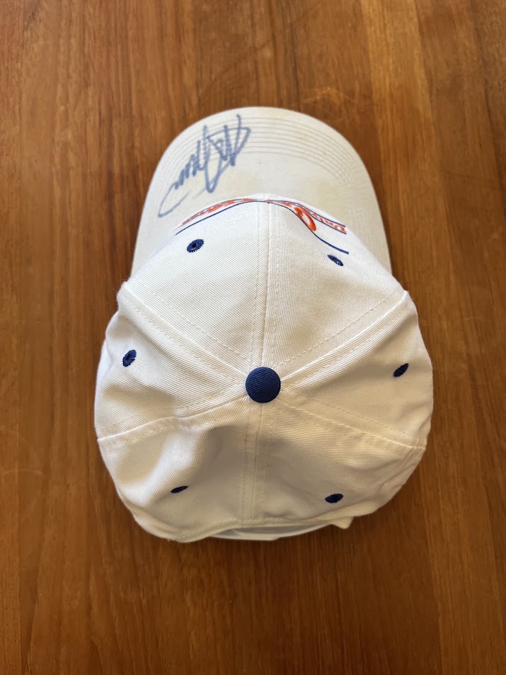 Signed Gators bar cap, top-down view of crown and signature