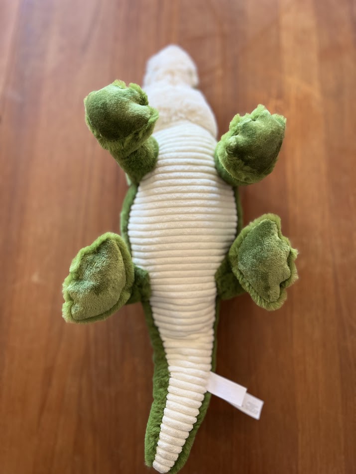 Bernie the Gator plush underside showing corduroy belly